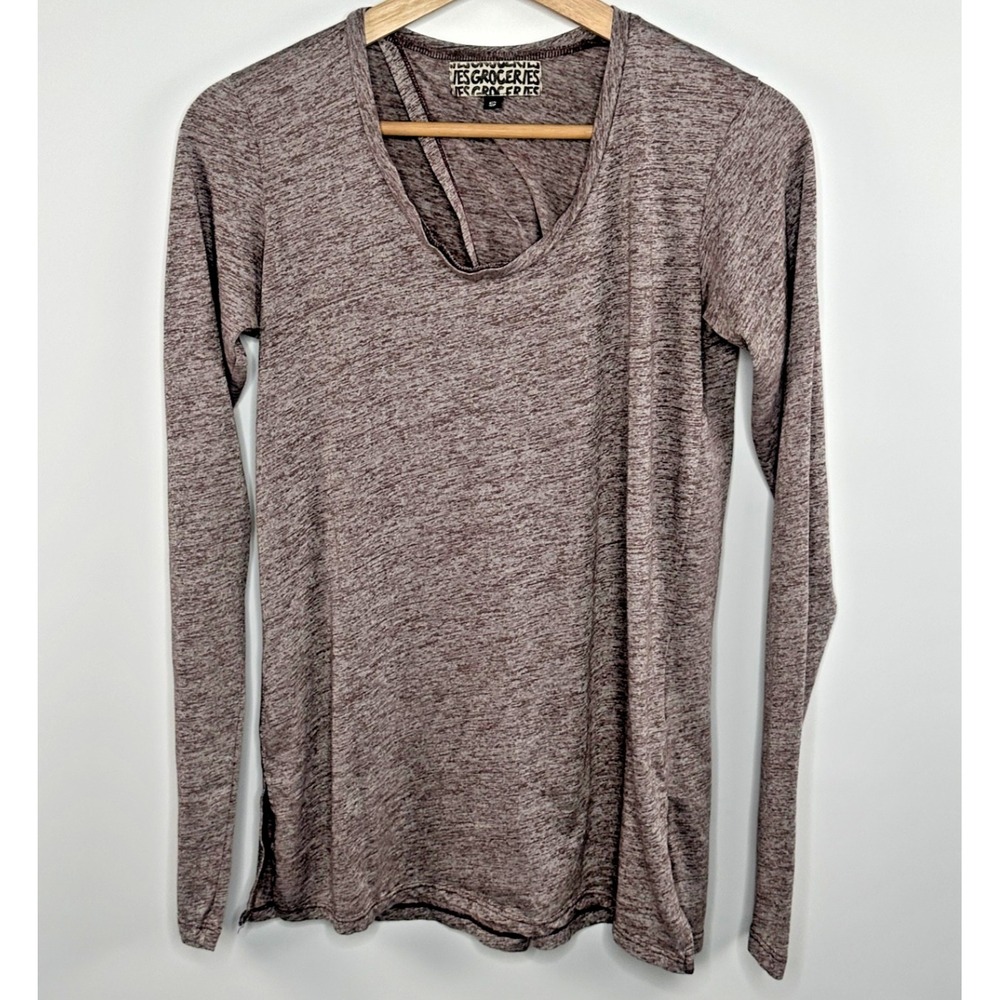 Groceries Apparel Open Tulip Back Long Sleeve Space Dye Top Small Heathered